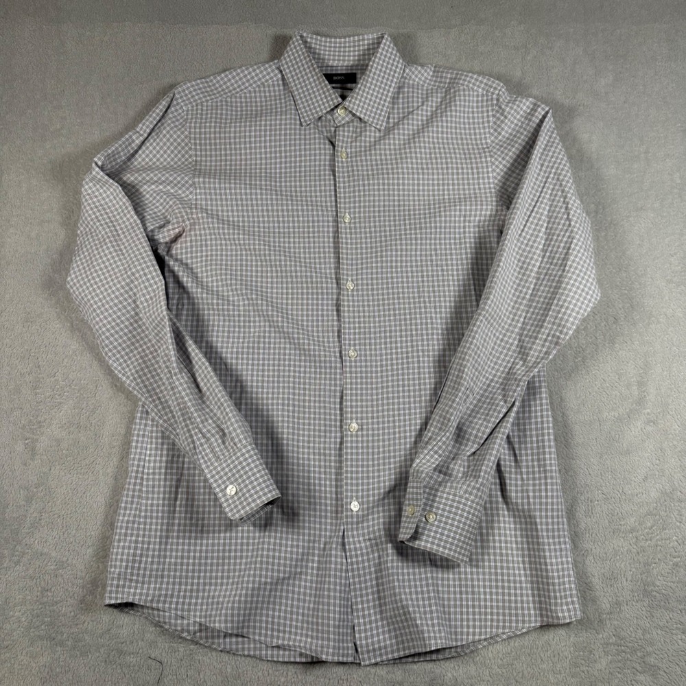 Hugo Boss Dress Shirt Mens 15.5 L Grey Blue Plaid Long Sleeve Sharp Fit Cotton